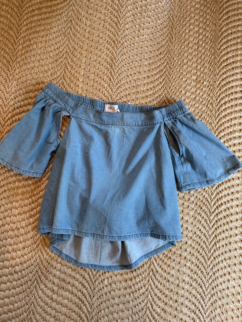 MINKPINK Denim-Look Off-Shoulder Top in Light Blue